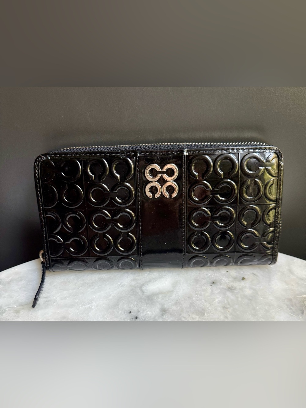 NWT Coach Julia Patent Leather Zip Wallet Charcoal Gray 43984